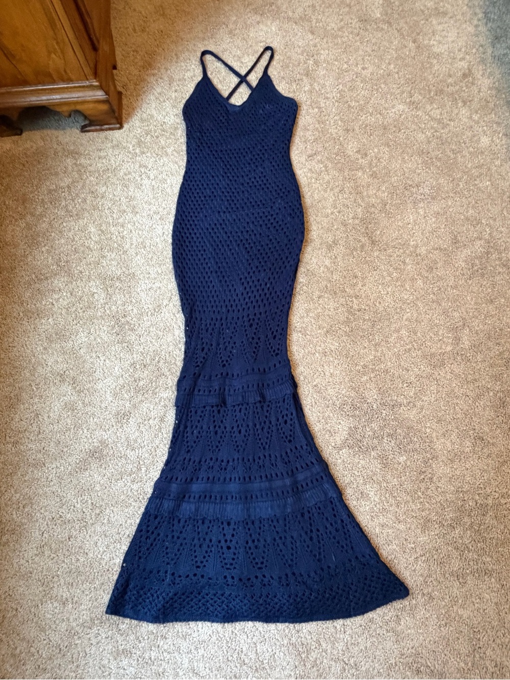 Venus Navy Crochet Maxi Dress with Cross-Back Straps